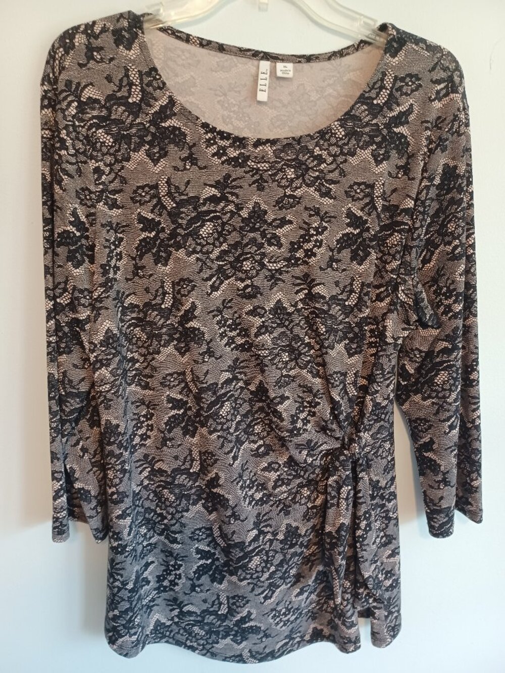 Elle Women's Top Blouse Soft Jersey Black Lace Pattern Blush Background Size XL